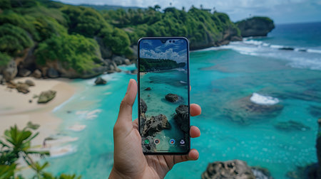 travel concept - close up of female hand taking photo of a beautiful islandの素材