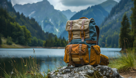 Hiking backpack on the shore of a mountain lake with mountains in the backgroundの素材