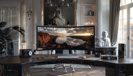 3D rendering of a home office with a computer monitor on the tableの素材