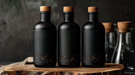 Wine bottles on wooden board against dark background. Mockup for designの素材