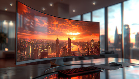 Computer screen with modern cityscape in the background. 3d renderingの素材