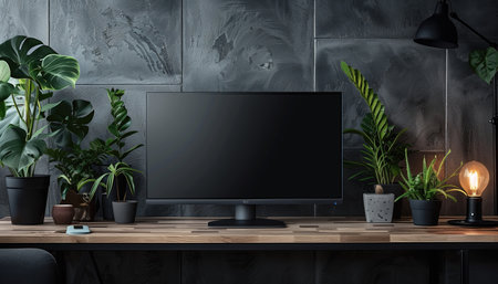 Modern monitor on wooden table in modern living room with plants. 3d mockupの素材