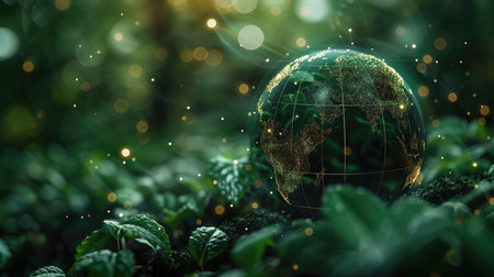 Globe in the forest with light bokeh. 3D renderingの素材