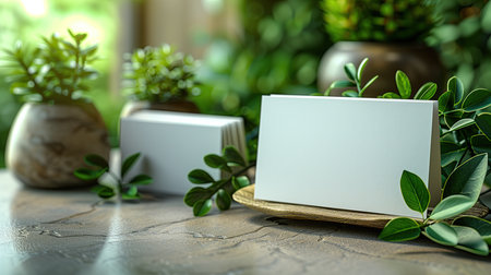 Blank business card with green plant on table. 3d renderingの素材