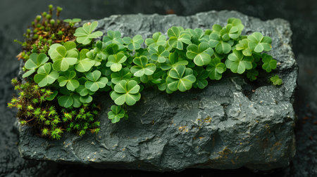 Green moss growing on black stone background. Natural green moss background.の素材