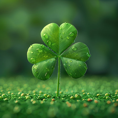 Clover leaf with water drops on green background. 3d illustrationの素材