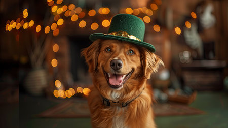 Golden retriever dog in leprechaun hat with bokeh backgroundの素材