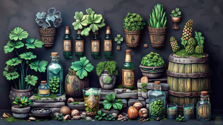 Succulents, cactus, wine bottles and barrel on stone background. St. Patrick's Dayの素材