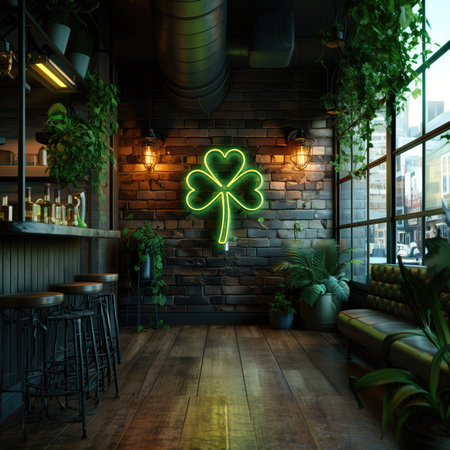 Green neon signboard with clover in a pub. 3d rendering, St. Patrick's Dayの素材