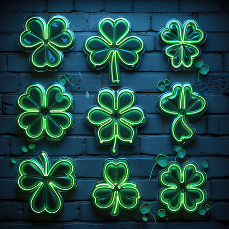 St. Patrick's Day neon signs on a brick background. Vector illustration.の素材