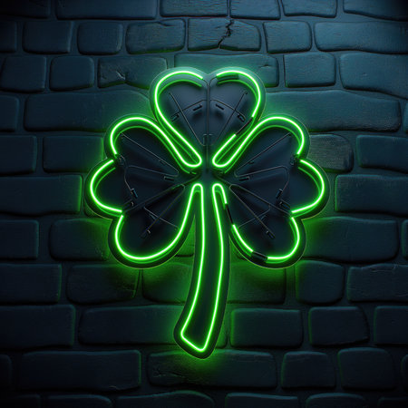 St. Patrick's Day neon sign with shamrock leaves on brick wall background. Vector illustration.の素材