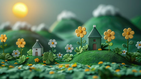 3d render of St.Patrick's Day. Small village in green grass with flowers and sunの素材