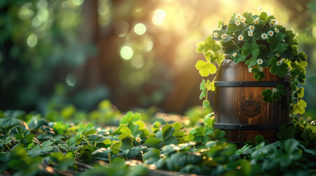 Shamrock in wooden pot on green bokeh background. St.Patrick's Day. Copy spaceの素材