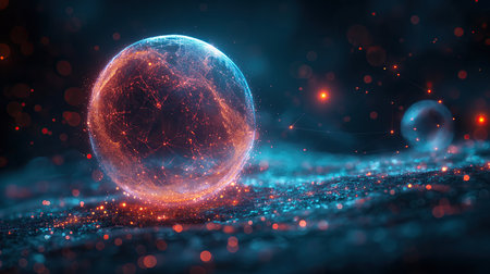 3d rendering of abstract crypto sphere with particles and lines on dark backgroundの素材