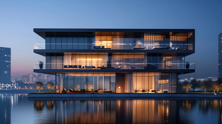3d rendering of modern office building features luxury skyline viewの素材