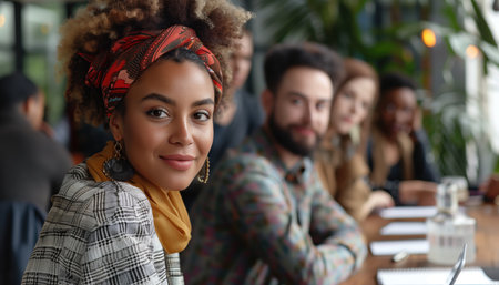Portrait of confident african american businesswoman looking at camera with colleagues in backgroundの素材