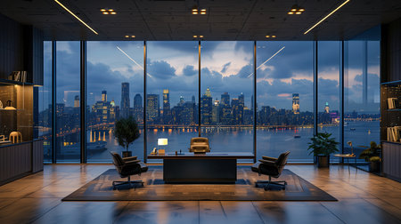 Luxury office interior with panoramic city view. 3D Renderingの素材