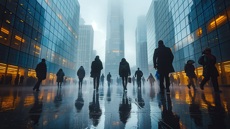 Silhouette of business people walking in the city at foggy dayの素材