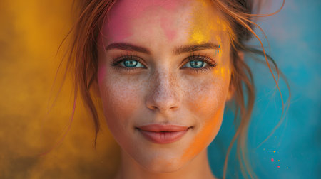 Portrait of a young beautiful woman with holi colorsの素材