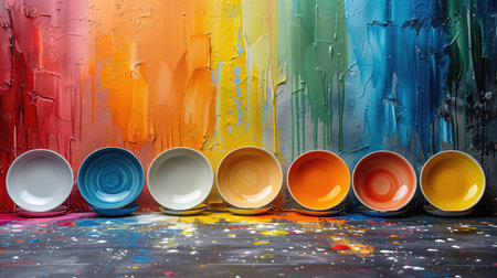 Colorful ceramic bowls and paint splashes on a wooden background.の素材