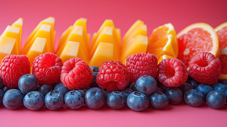 Mixed fruit and cheese on a pink background. Selective focus.の素材