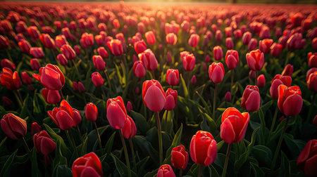 Red tulips in the field at sunset. Beautiful spring landscape.の素材