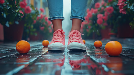 Close-up of woman's legs in pink sneakers standing on the rainの素材