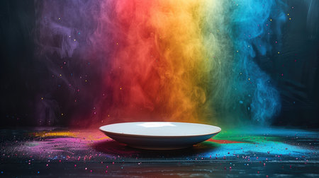 Empty white podium on a colorful background with smoke and fire. 3d renderingの素材