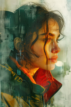 Double exposure portrait of a beautiful girl with dark hair and eyes closed.の素材