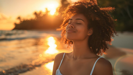 Portrait of beautiful young woman with afro hairstyle at sunsetの素材