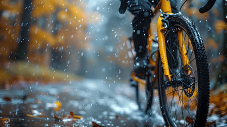 Cyclist in the rain on a bike in the autumn forestの素材