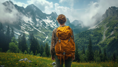 Hiker woman with backpack hiking in the mountains. Hiking conceptの素材