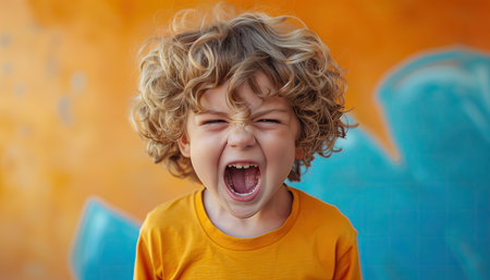 Cute little boy with blond curly hair screaming on orange background.の素材