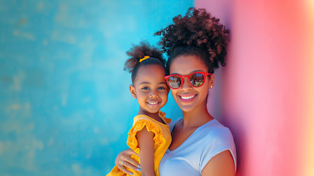 Portrait of afro american mother and daughter in sunglasses on blue background. Mother's dayの素材