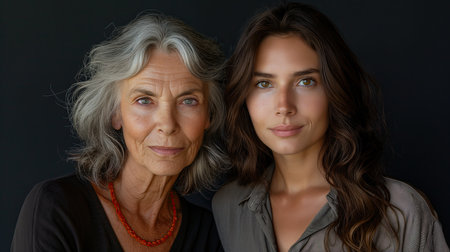 Portrait of senior mother and adult daughter looking at camera on black background. Mother's dayの素材