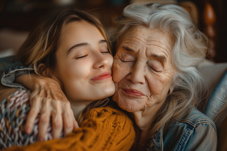 Grandmother and granddaughter hugging at home. Close-up portrait of senior woman and granddaughter. Mother's dayの素材