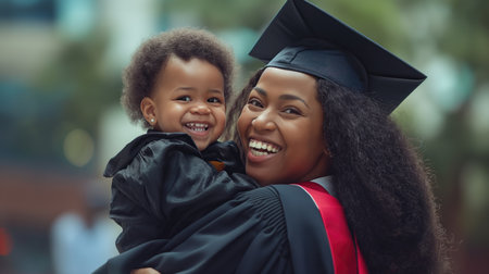happy african american mother and daughter in graduation gowns looking at camera. Mother's dayの素材
