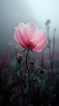 Pink poppies on a misty meadow in the morningの素材