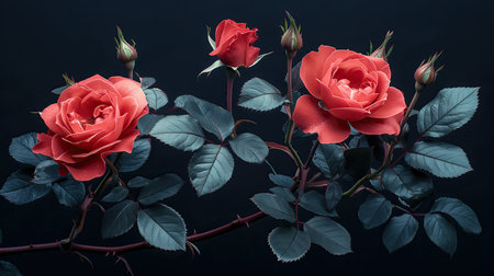 Red roses on a black background. Floral background. Toned.の素材