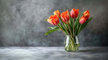 Bouquet of tulips in a glass vase on a gray background.の素材