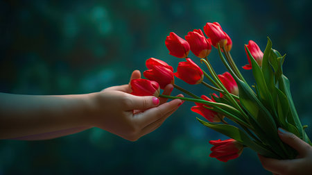 Bouquet of red tulips in woman's hands on dark backgroundの素材
