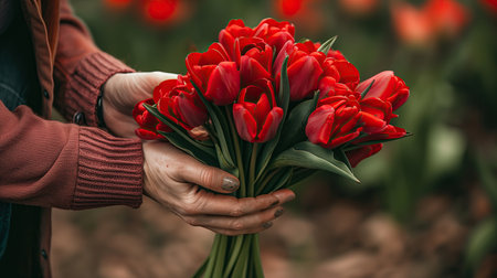 Female hands hold a bouquet of red tulips in the gardenの素材