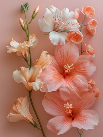 Flowers composition. Hibiscus flowers on pastel background. Flat lay, top view, copy spaceの素材