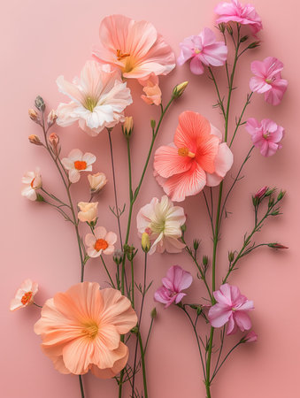 Flowers composition on pastel pink background. Flat lay, top viewの素材