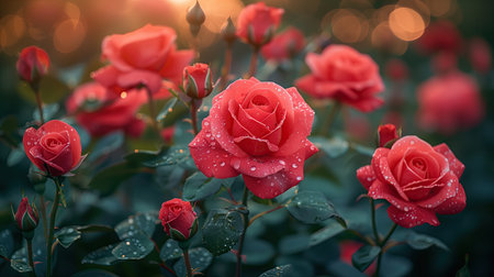 Beautiful red roses with dew drops in the garden. Nature backgroundの素材