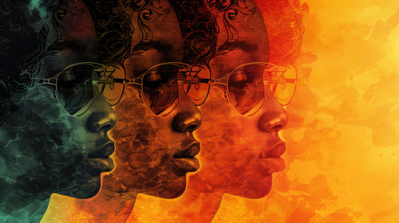 Double exposure portrait of man and woman face combined with abstract background. Black History Month concept.の素材