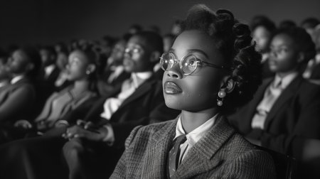 Black and white portrait of a beautiful african american woman in eyeglasses at the conference hall. Black history Month concept.の素材