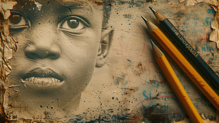 Close-up portrait of a child with pencils on a grunge background. Smiling afro-americal man. Black history Month concept.の素材