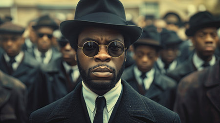 Handsome african american man in hat and glasses on street. Black history Month concept.の素材