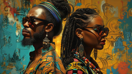 Two beautiful African American person in traditional clothing standing. Black history Month concept.の素材